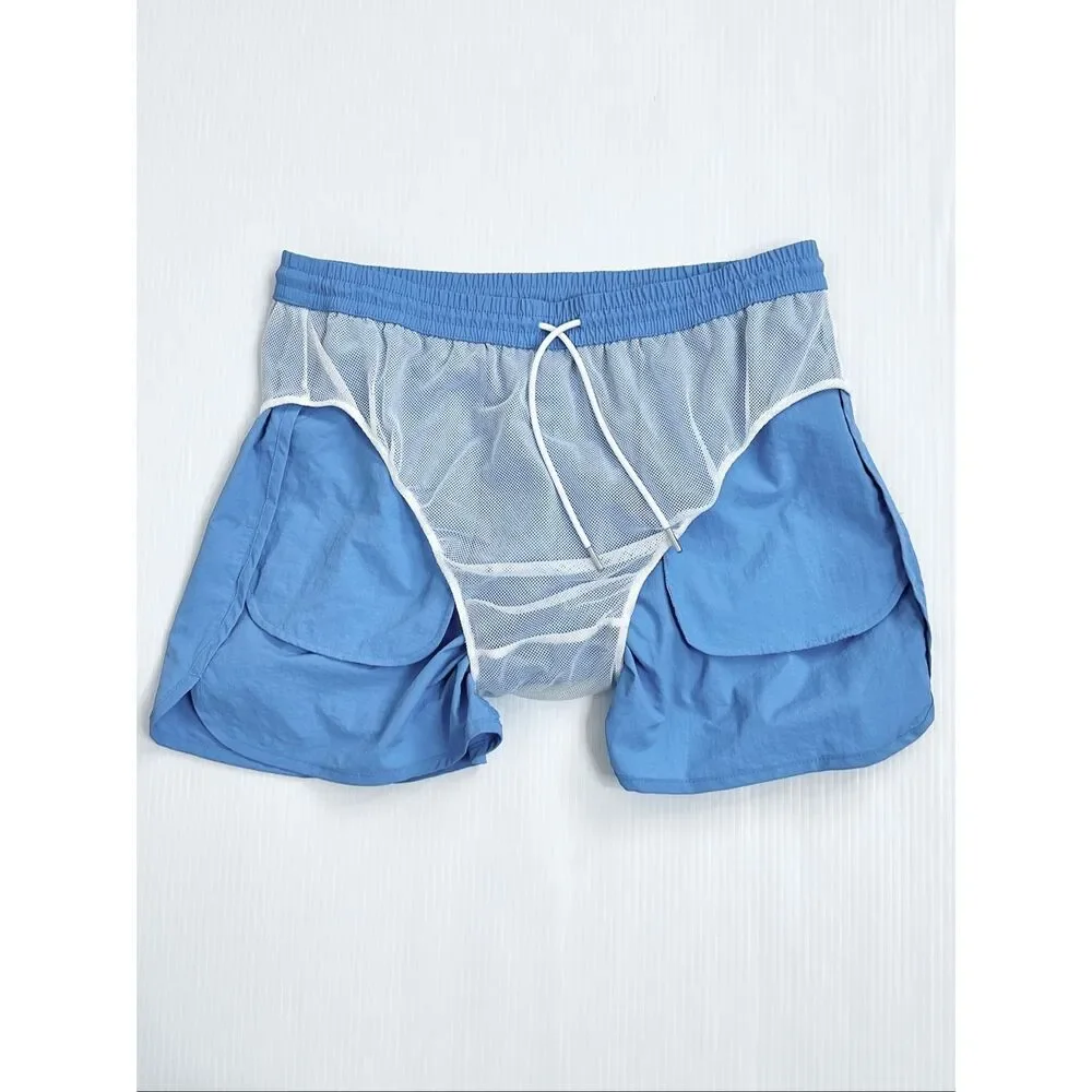 Theory Track Swim Blue Crinkle Swim Trunks Shorts L NWT Coastal Yatch Club